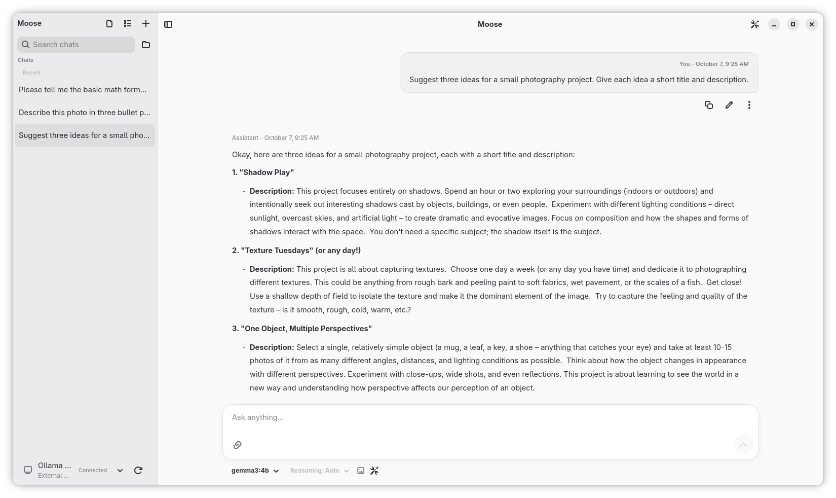 Moose's Linux interface with saved conversations and a formatted model response.